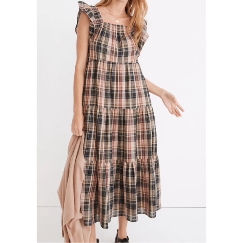 Madewell Flutter-Sleeve Tiered Midi Dress in Plaid
